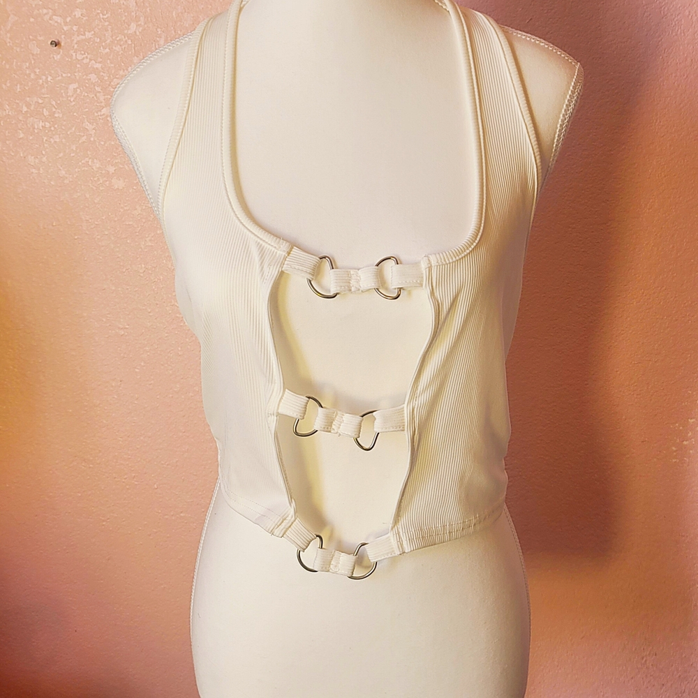 White Ribbed Cropped Halter Top with Ring Detail